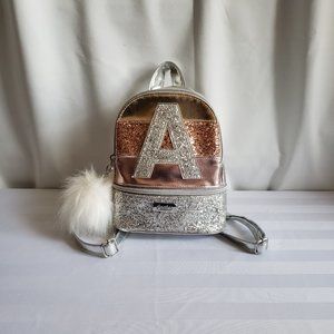 JUSTICE Mini Backpack  Initial A. Silver Sparkle rose gold White fur pom pom zip